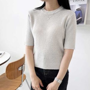 여자 데일리 라운드넥 골지 소재 반팔 여름 니트 그레이-F 66까지