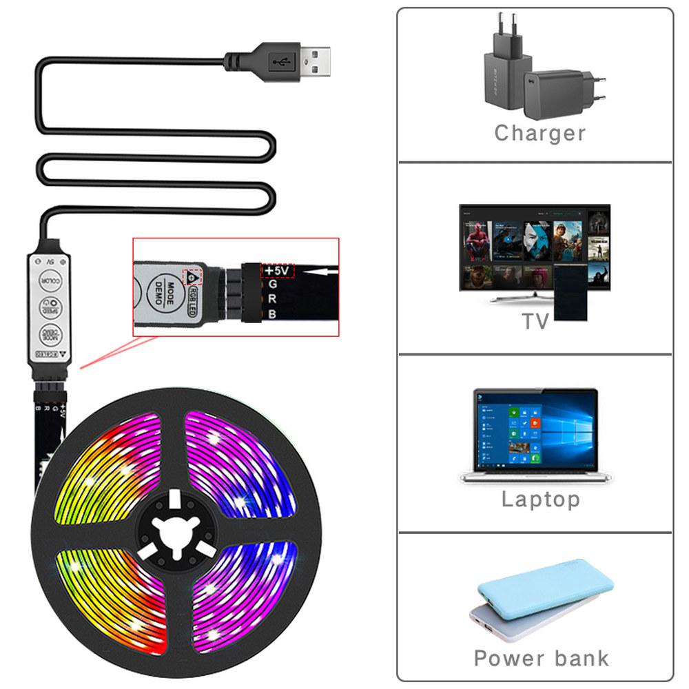 TV용 LED 조명 3 키 제어 스트립 USB 5V 테이프 백라이트 홈 파티 장식 유연한 리본