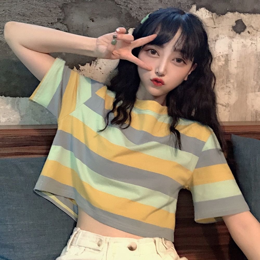 스트라이프 크롭 반팔티 오버핏 여름 반팔 티셔츠