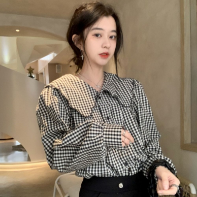 여성 큐티 여름 빅카라 체크블라우스 루즈핏 긴팔셔츠