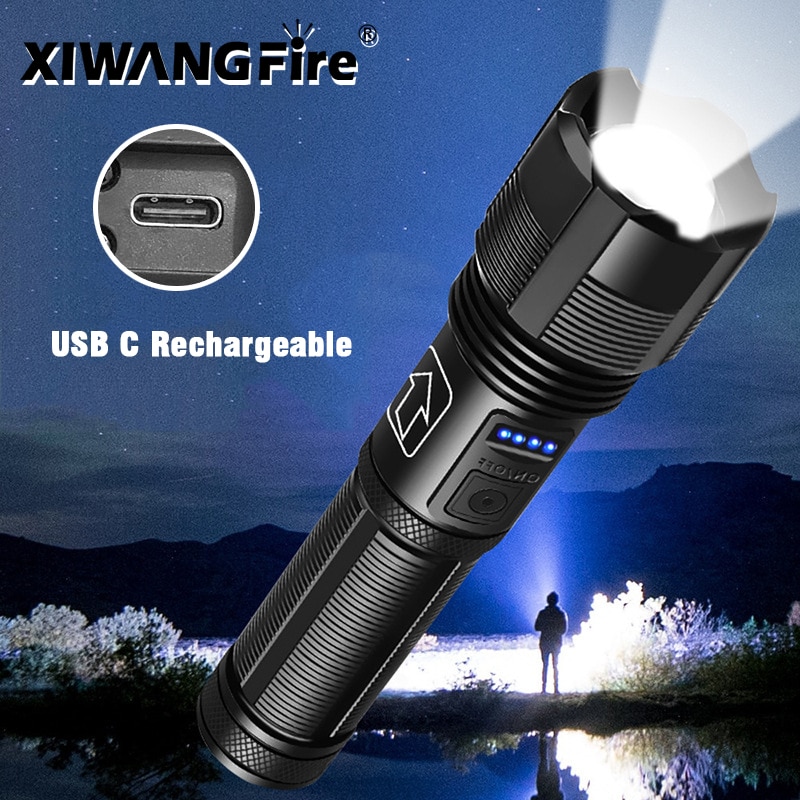 강력한 4 코어 LED 손전등 줌 가능한 알루미늄 합금 전술 토치 USB 충전식 18650 배터리 XHP70 2 XHP50 2