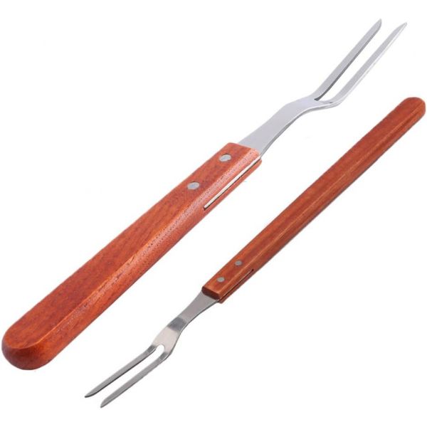 2Pcs 카빙 포크 나무 손잡이가 달린 고기 긴 스테인리스 바비큐 요리 곡선 BBQ 할머니