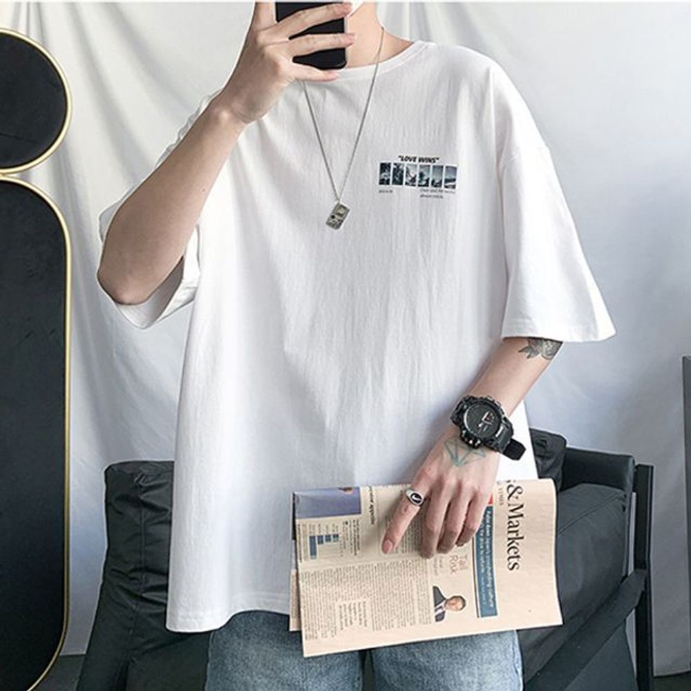 남성 오버핏 프린팅 반팔 티셔츠