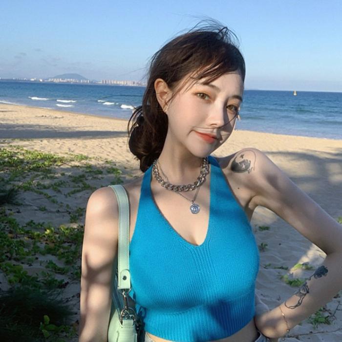 여성 니트 끈홀터넥 나시티 크롭니트 백리스 크롭나시