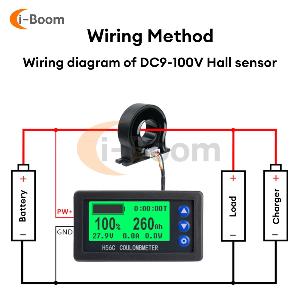 DC 배터리 용량 쿨롱 미터 모니터 디스플레이 홀 센서 테스터 전압계 전류계 9V-100V