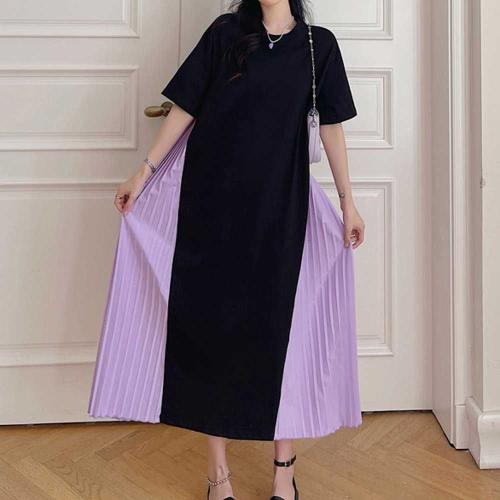 반팔 롱원피스 라운드넥 플리츠 여유핏 데일리룩