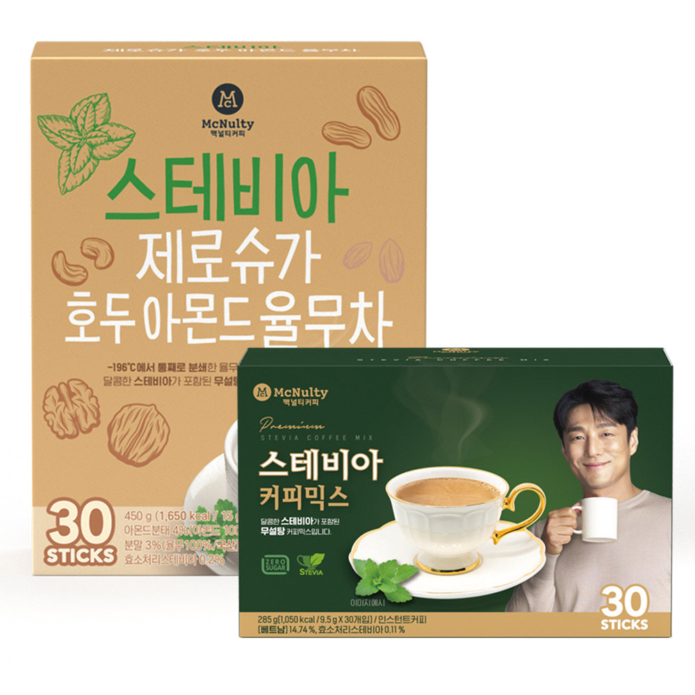 맥널티 스테비아 당제로 커피믹스 30개입 호두아몬드 율무차 30개입