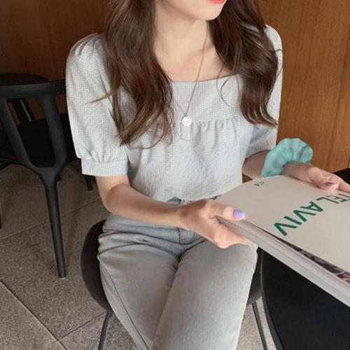 여성 여름블라우스 스퀘어넥 셔링 반팔셔츠 체크남방
