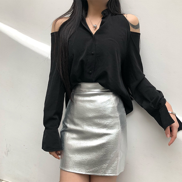 TS 실버 가죽 미니스커트 클럽 파티룩 T935 L