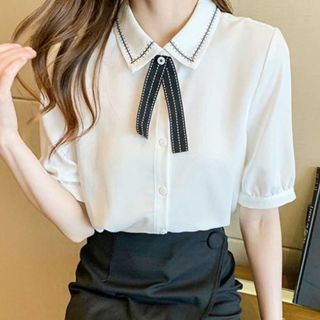 셔츠 베이직 반팔 블라우스 카라 포인트 탈부착 리본