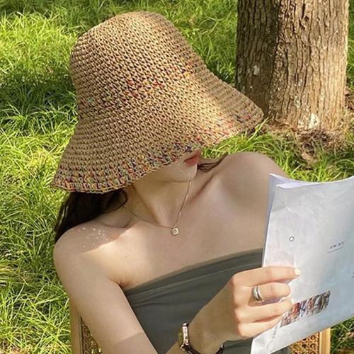 여성 여름 왕골 밀짚 벙거지 버킷햇 모자