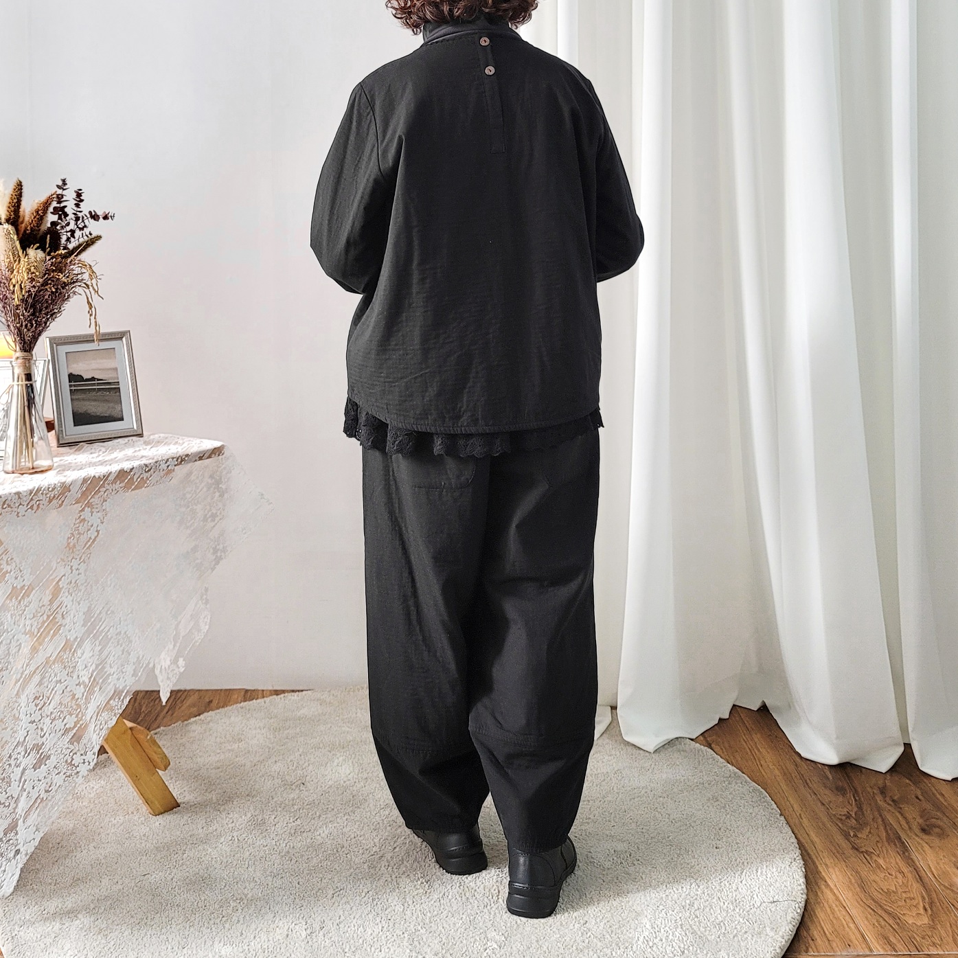 데일리 무난한 겨울 면 솜 누빔 본딩 패딩 자수 레이스 블라우스 인사동스타일 자연주의옷 one size
