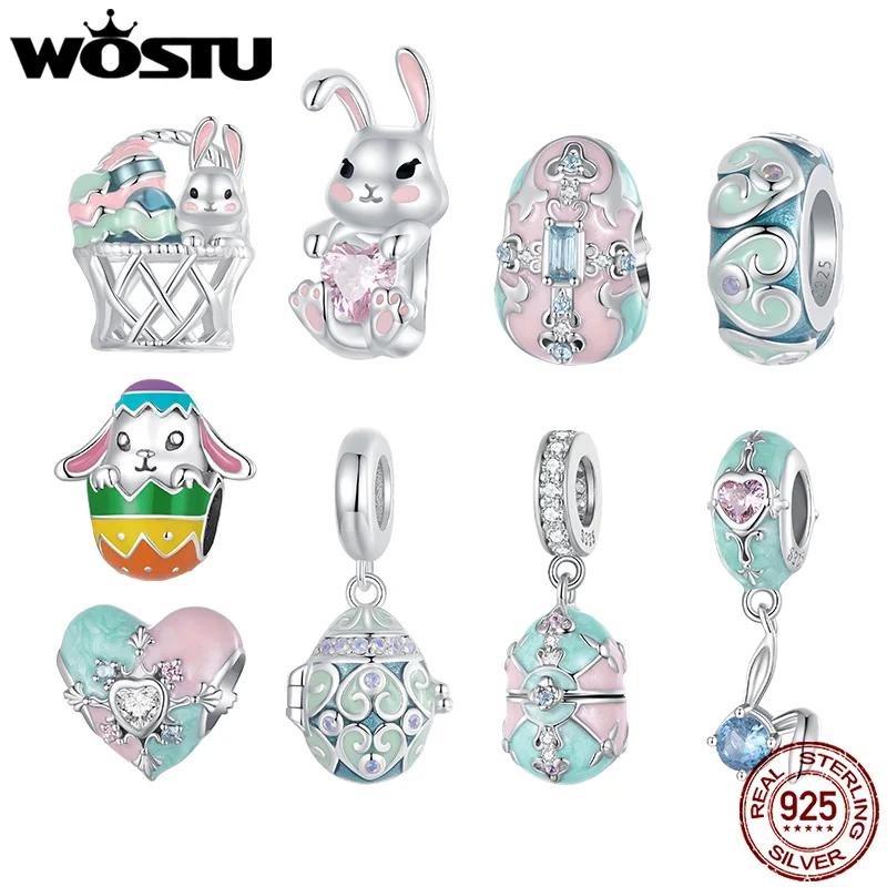 WOSTU 부활절 이너리 토끼 참 행운의 계란 펜던트 하트 비즈 핏 오리지널 팔찌 목걸이 DIY 선물