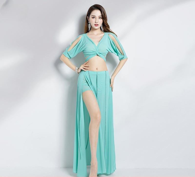 밸리 댄스복 의상 댄스 벨리 여자 무대 공연 그린 탑 스커트 M