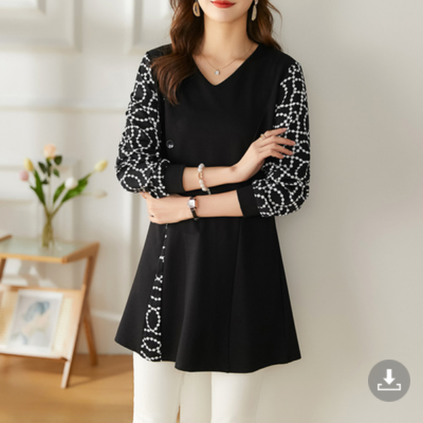 루루뷰티패션 여성 소매 기하학 패턴 체형 커버 브이넥 롱 블라우스 E0029
