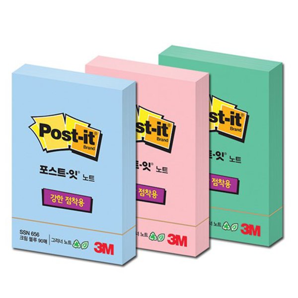 3M 오피스존 3M 포스트잇 2배더 강한 점착용 그리너 노트 SSN 90매 접착 메모지 51x76mm 656-RC