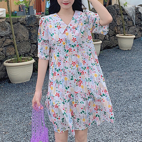 알록달록 프렌치 레트로 플라워 패턴 임산부 반소매 원피스 믹스