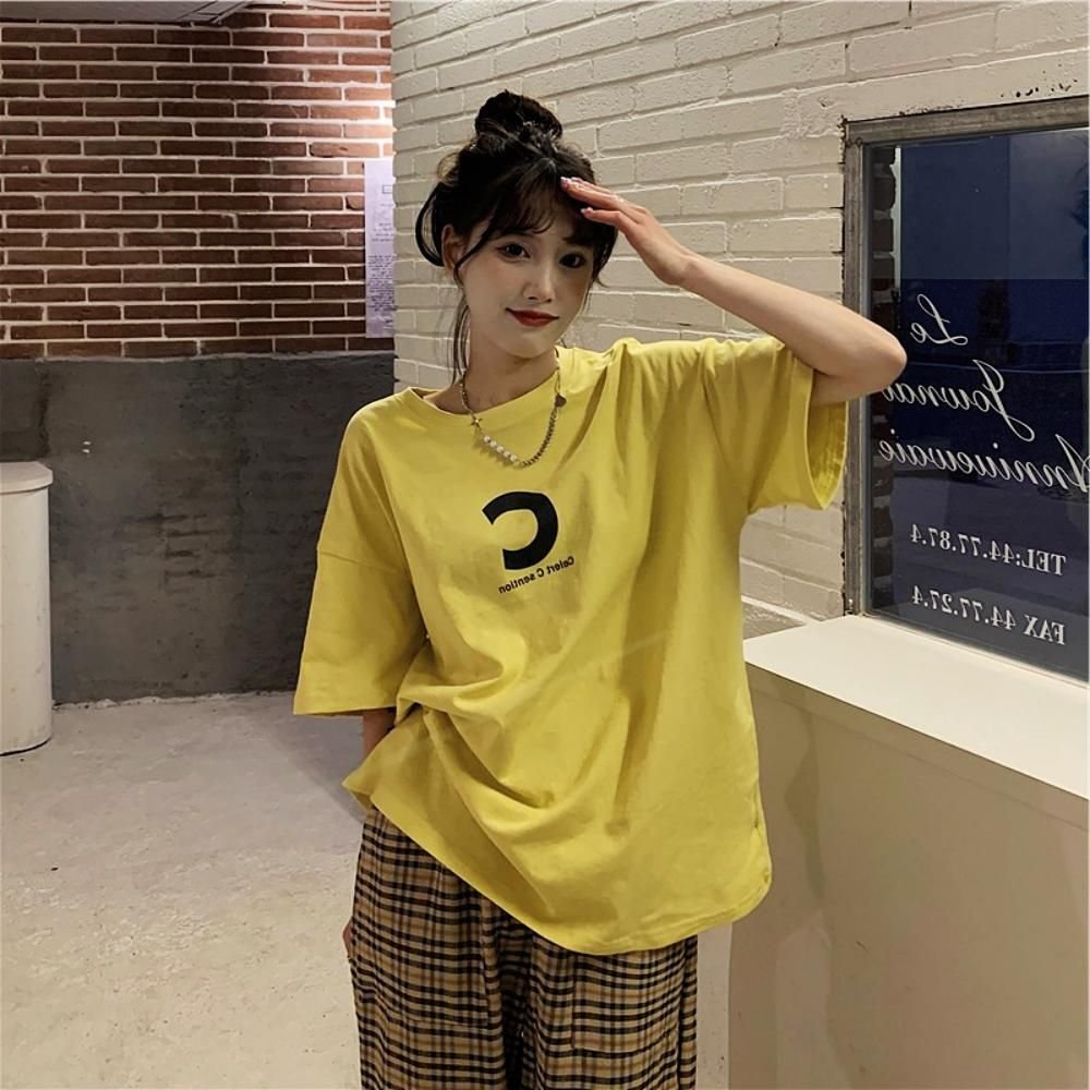 여성 티셔츠 반팔 박스 알파벳