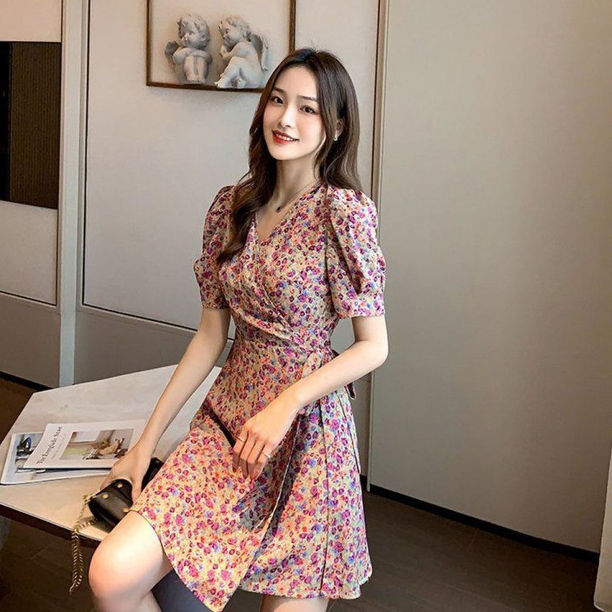 옷자락 여자 여름 호캉스 여행 플라워 패턴 랩스타일 원피스