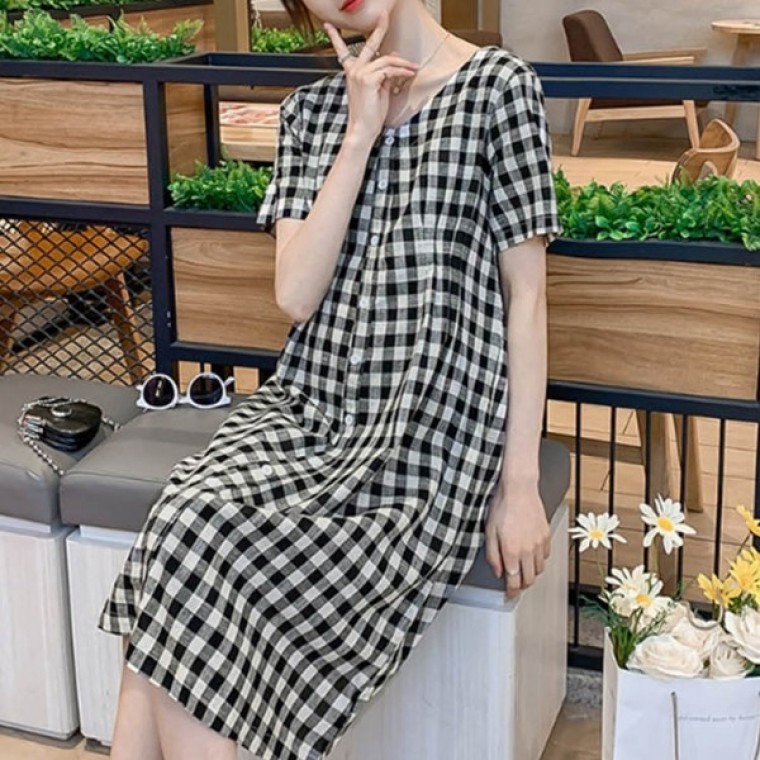 패턴 단추 체크 브이넥 원피스 캐주얼 반팔 여름 썸머 미디 시원 재질