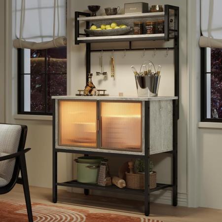 Bestier Coffee Bar with Storage 5 Tier Microwave Stand LED Lights Kitchen Bakers Rack Cabinet Heav