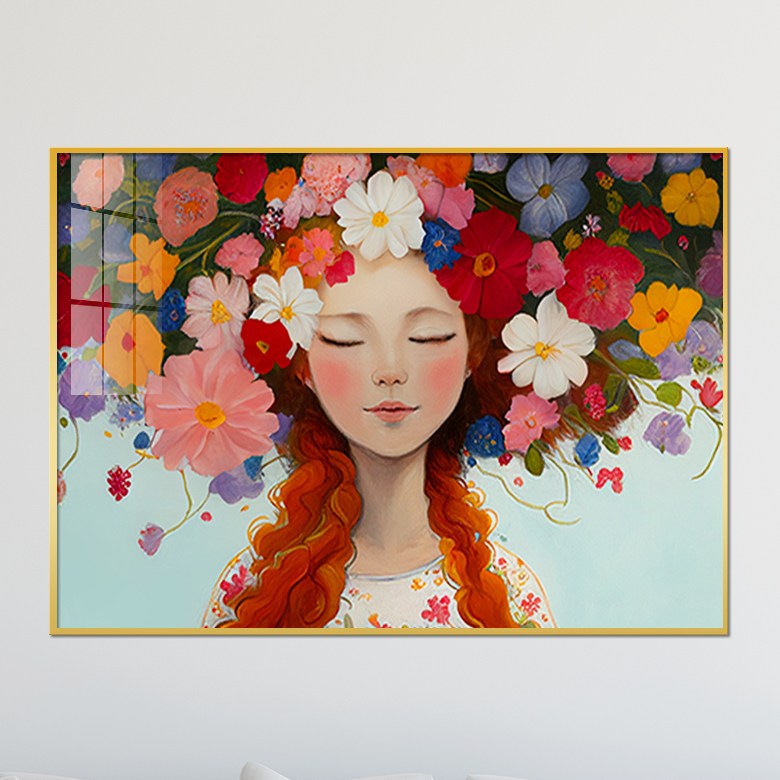 아트블루 알록달록 꽃 머리 여인 플라워 그림 카페 북유럽 거실 액자 인테리어 소품 4 꽃 머리 여인 D 감은눈-긴머리 A2 60 x 42 cm 메탈 액자