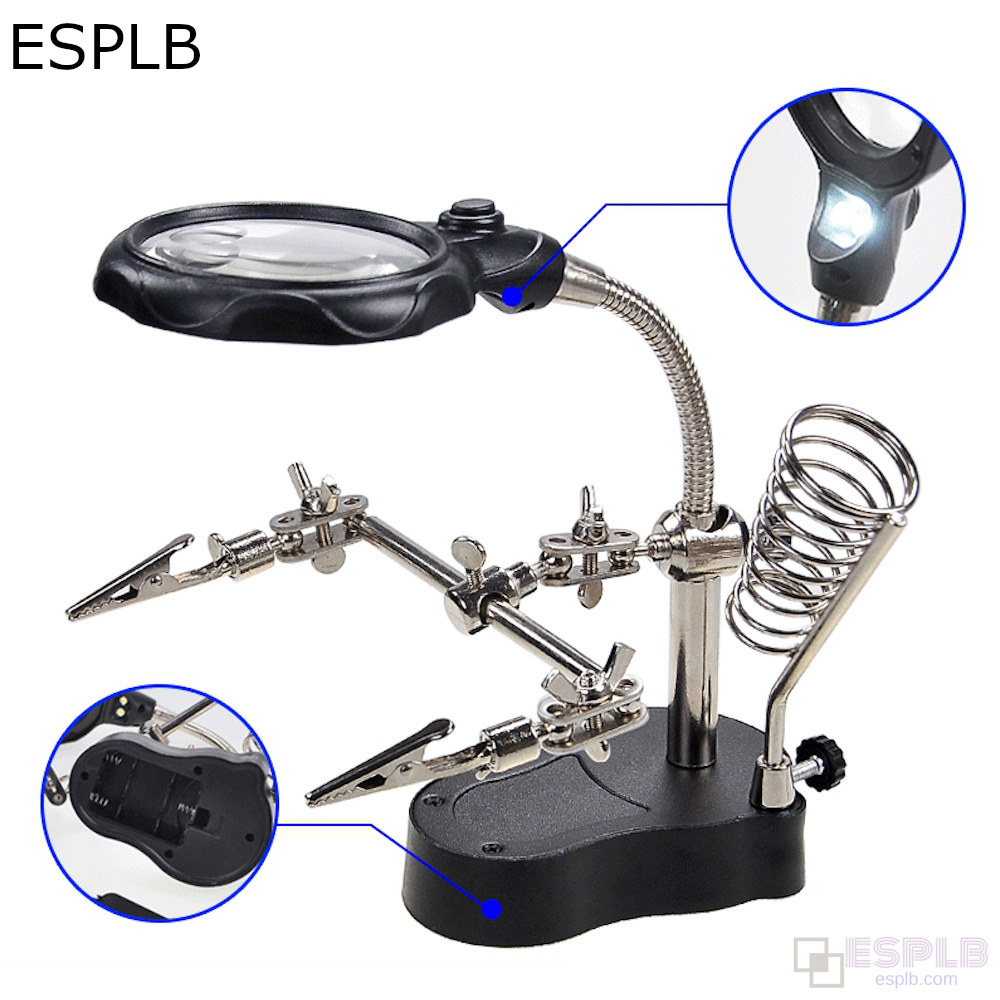 ESPLB 3 5X 12X 돕는 손 세 번째 손 납땜 인두 용접 스탠드 스테이션 2 LED 클립 용접 돋보기 돋보기