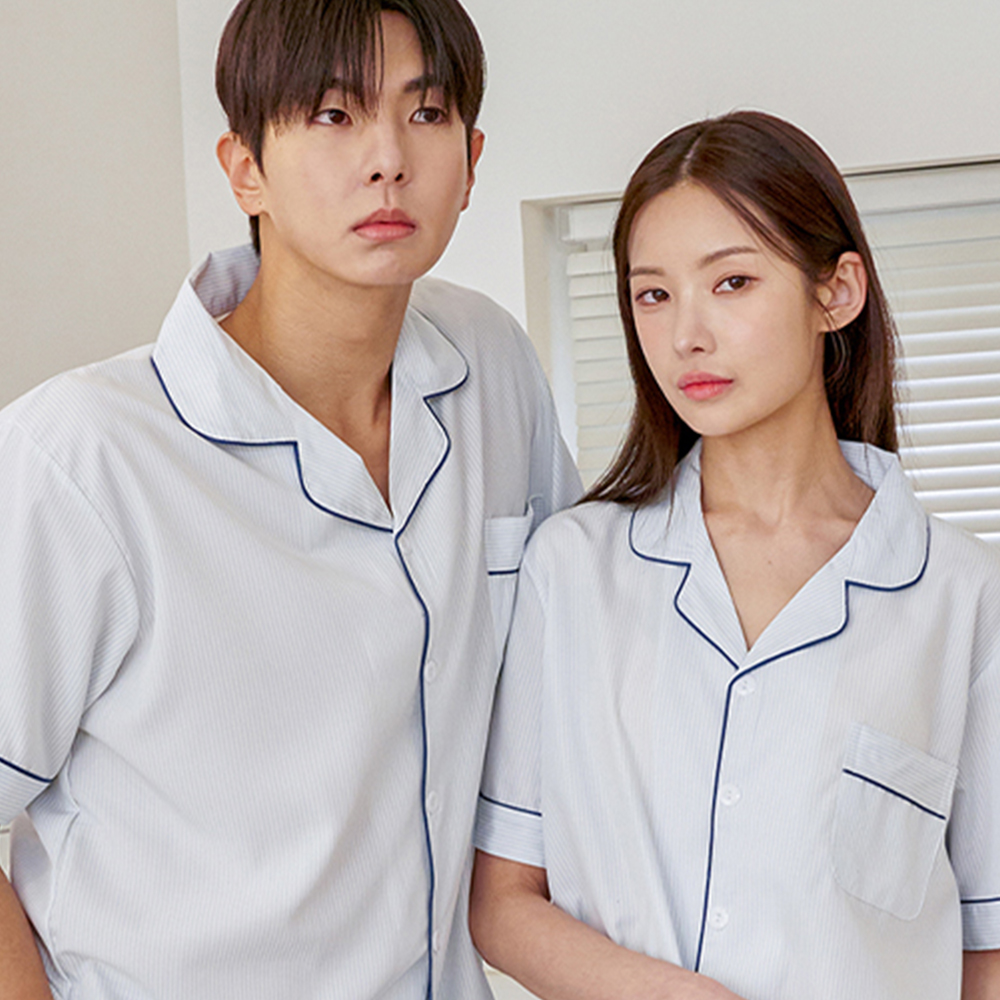 도씨 도씨 실크핏 클린 카라 반팔 커플 잠옷 세트 L 스카이