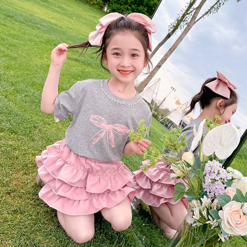 레드호호 여아 캐주얼 진주카라 리본포인트 반팔티 캉캉치마 세트 상하복 반팔티 치마 세트복 110