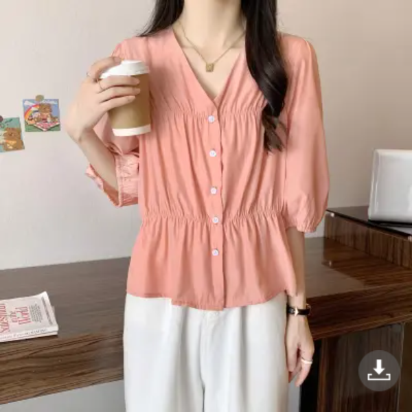 루루뷰티패션 여성 셔링 브이넥 콩단추 블라우스 E0169