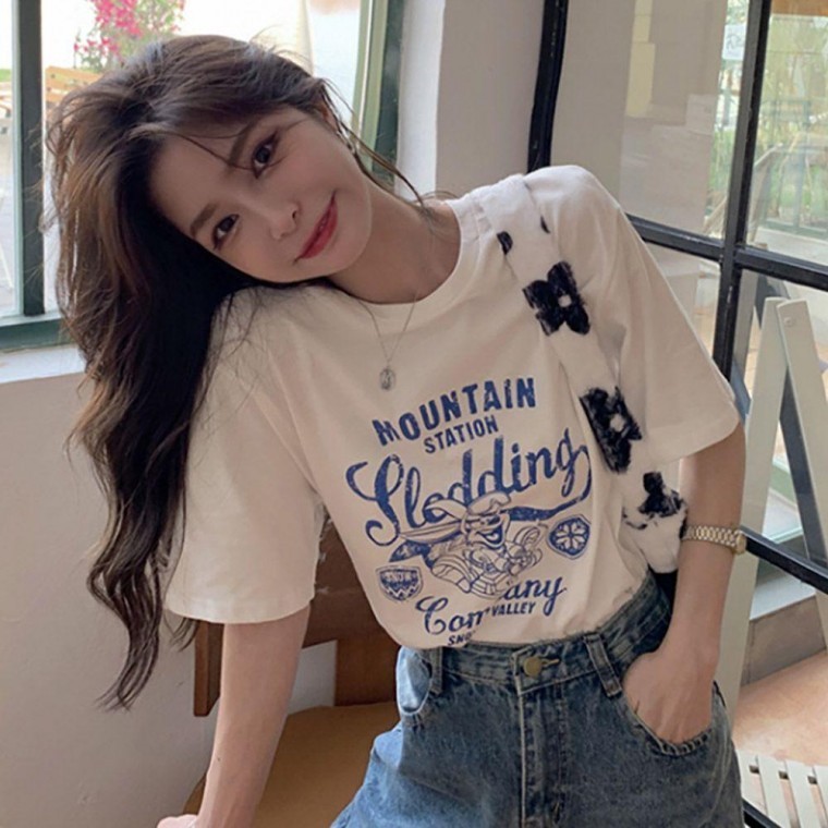 여성 박스핏 프린팅 라운드넥 면 반팔 티셔츠 오버핏 여름 반팔티 무지 여자