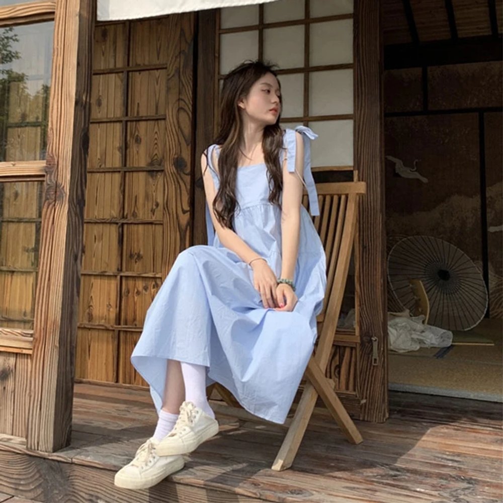 휴가룩 2컬러 함초롬 나시 롱 캉캉 원피스 리본 뷔스티에 민소매 벌룬 여름 휴양지 시밀러룩