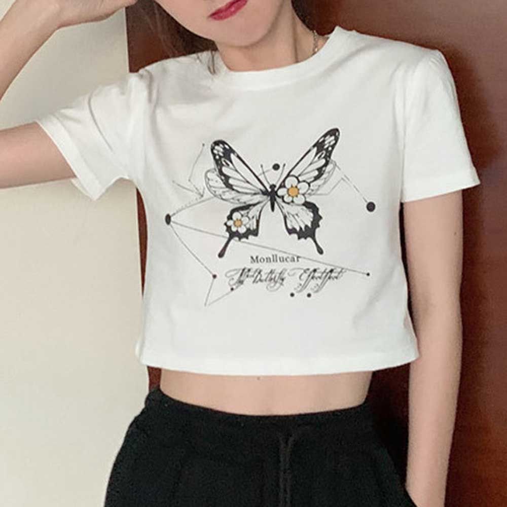 나비 프린팅 크롭 반팔 티셔츠 라운드넥 여름 데일리