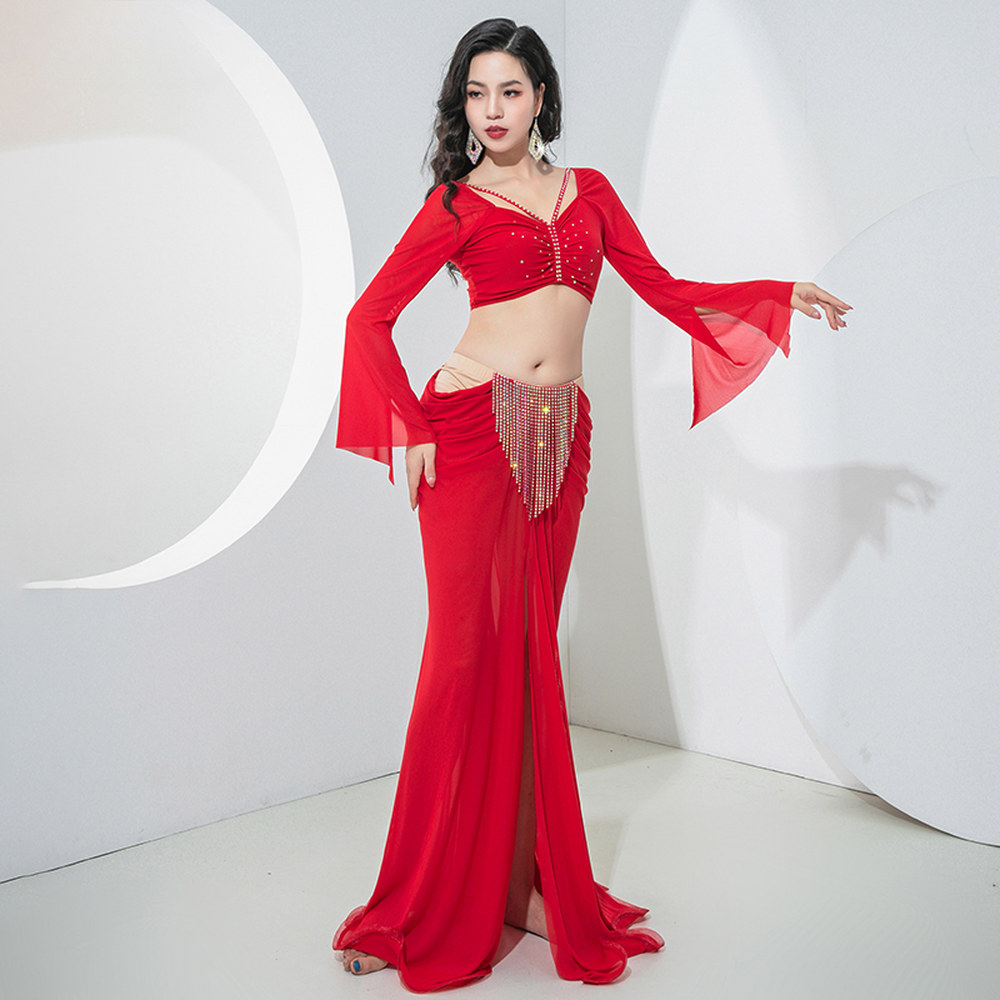 벨리옷 밸리옷 여성댄스복 연습 의상 코스튬 세트 긴팔 탑 메쉬 AB 스톤 롱