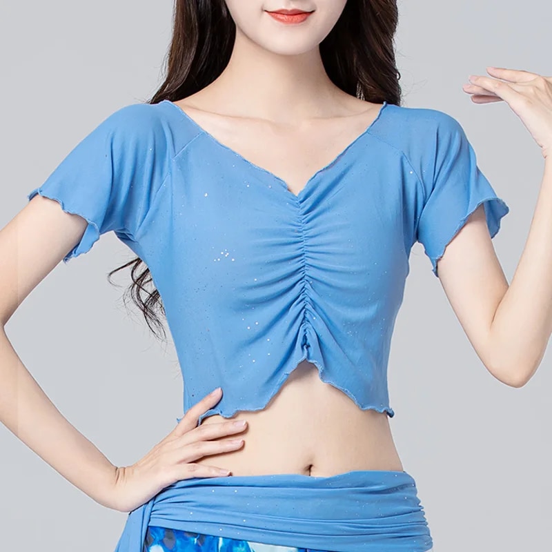 폴 댄스복 섹시한 메쉬 댄스 탑 벨리 의류 여성 운동 짧은 오픈