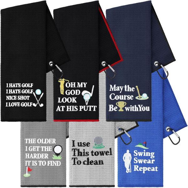6pcs 퍼니 골프타월 자수 골프볼타월 스윙욕 반복 골프백타월 클립액세서리 팬용 선물 남자 Men