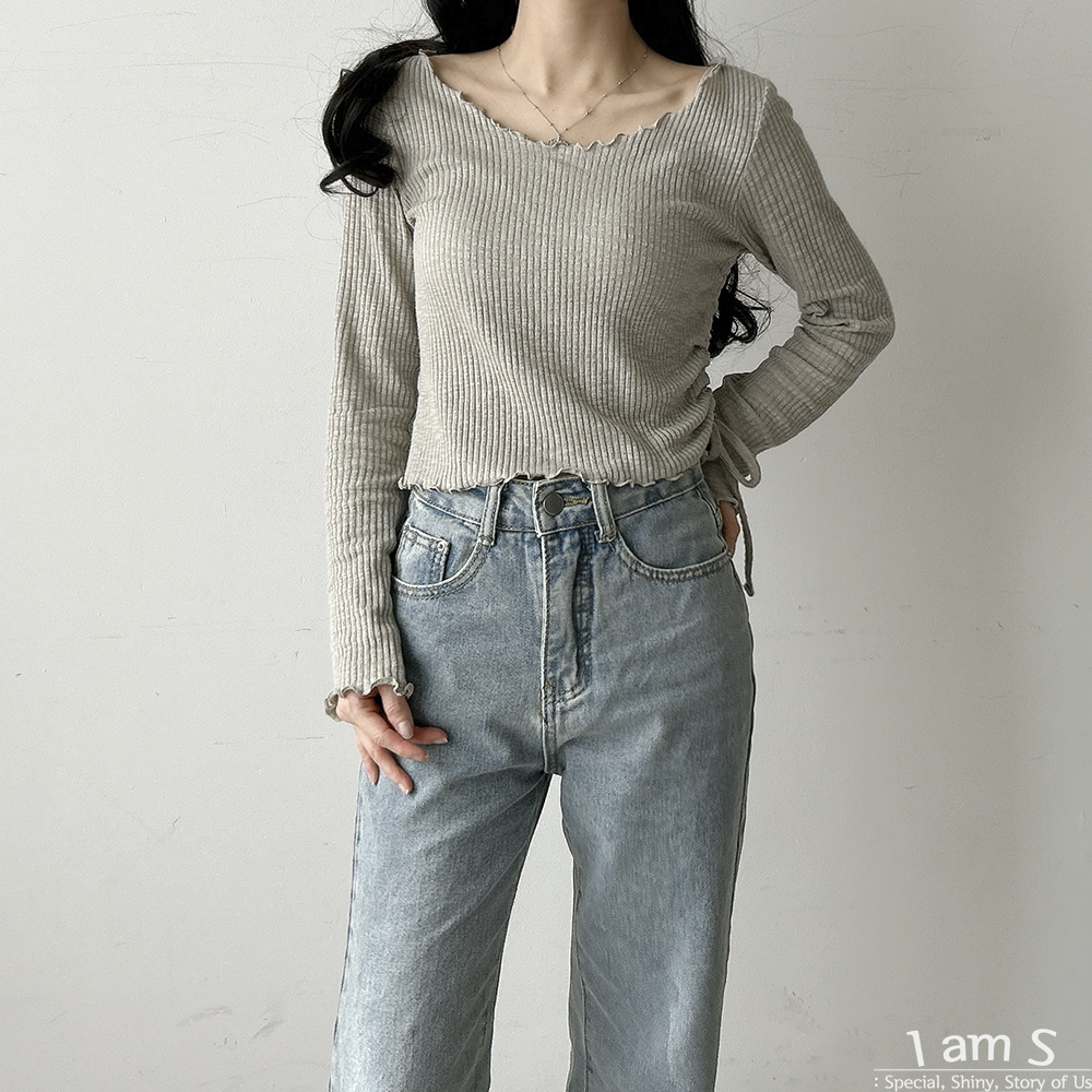 아이엠즈 이포크 사이드스트링 물결 크롭 골지 티셔츠 one size