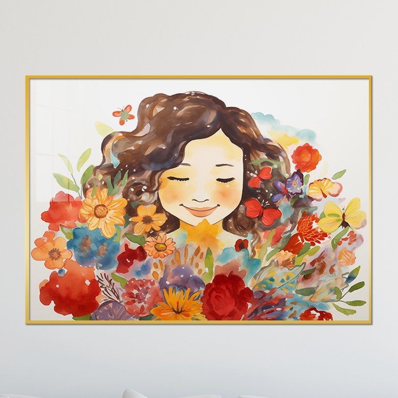 아트블루 알록달록 꽃다발을 든 여인 플라워 그림 북유럽 액자 15 꽃밭 과 여인 수채화 A1 84 x 60 cm 메탈 액자