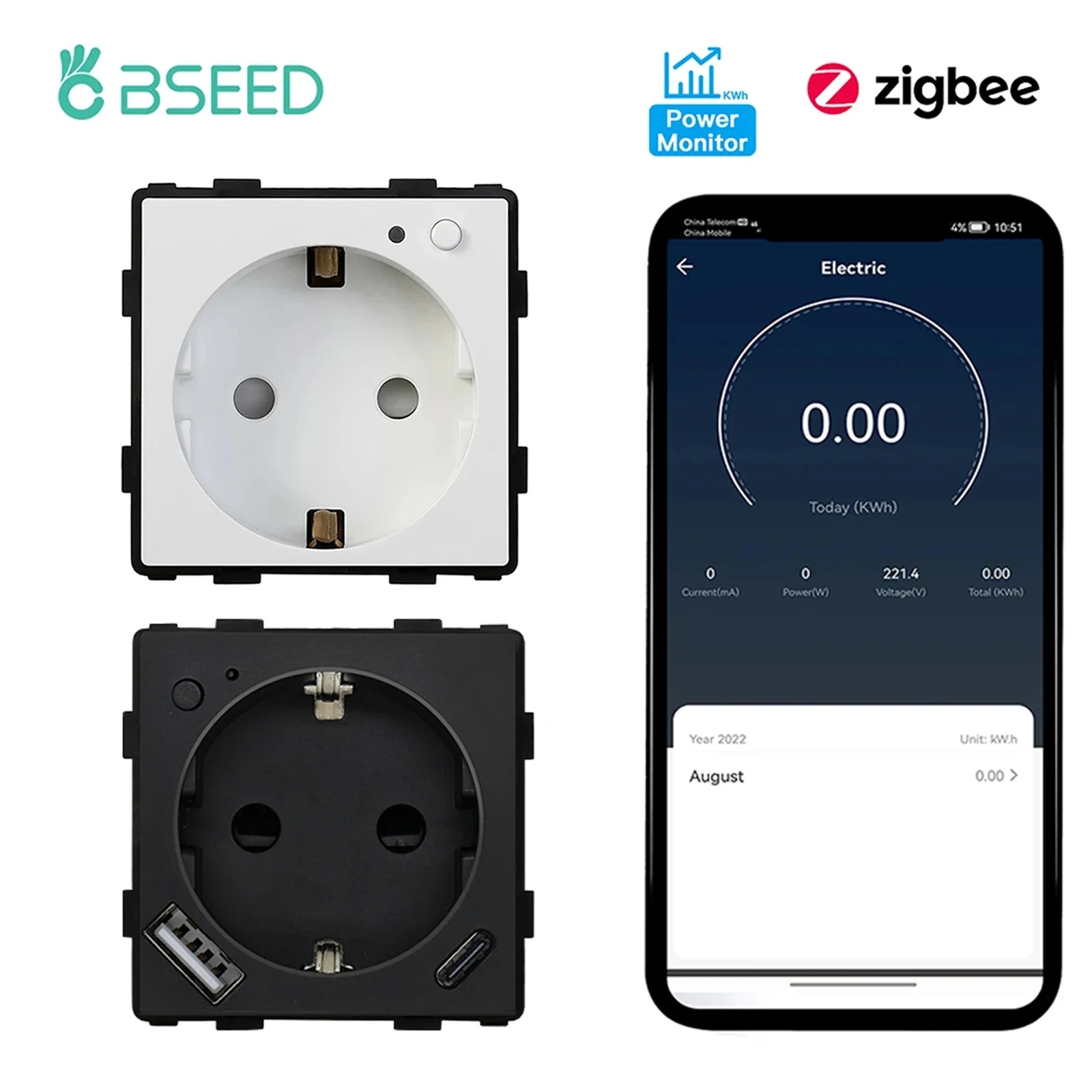 BSEED ZigBee 벽 소켓 기능 부품 Google Standa 미터 스마트 앱 라이프 전원 EU 키 Alexa 모니터