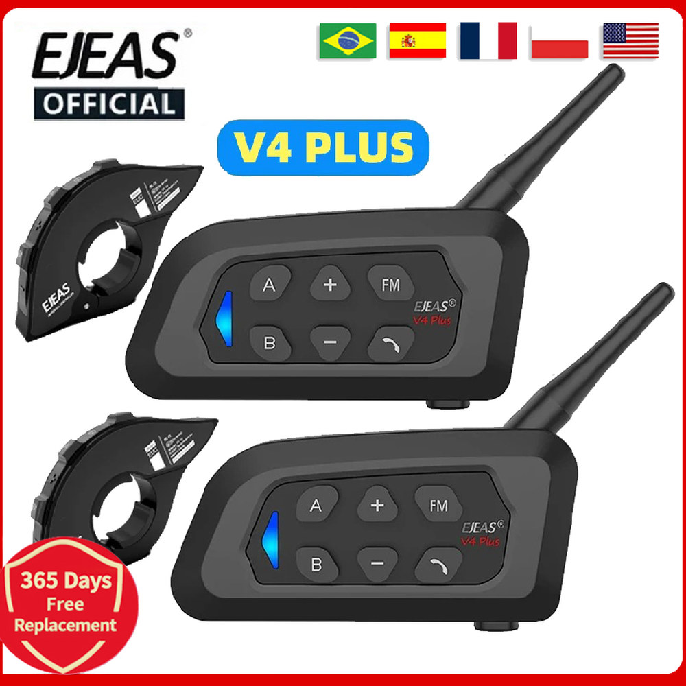EJEAS V4 플러스 오토바이 바이크 헬멧 무선 블루투스 워키토키 4 라이더 거리 1500 미터 전이중 IP65 방수
