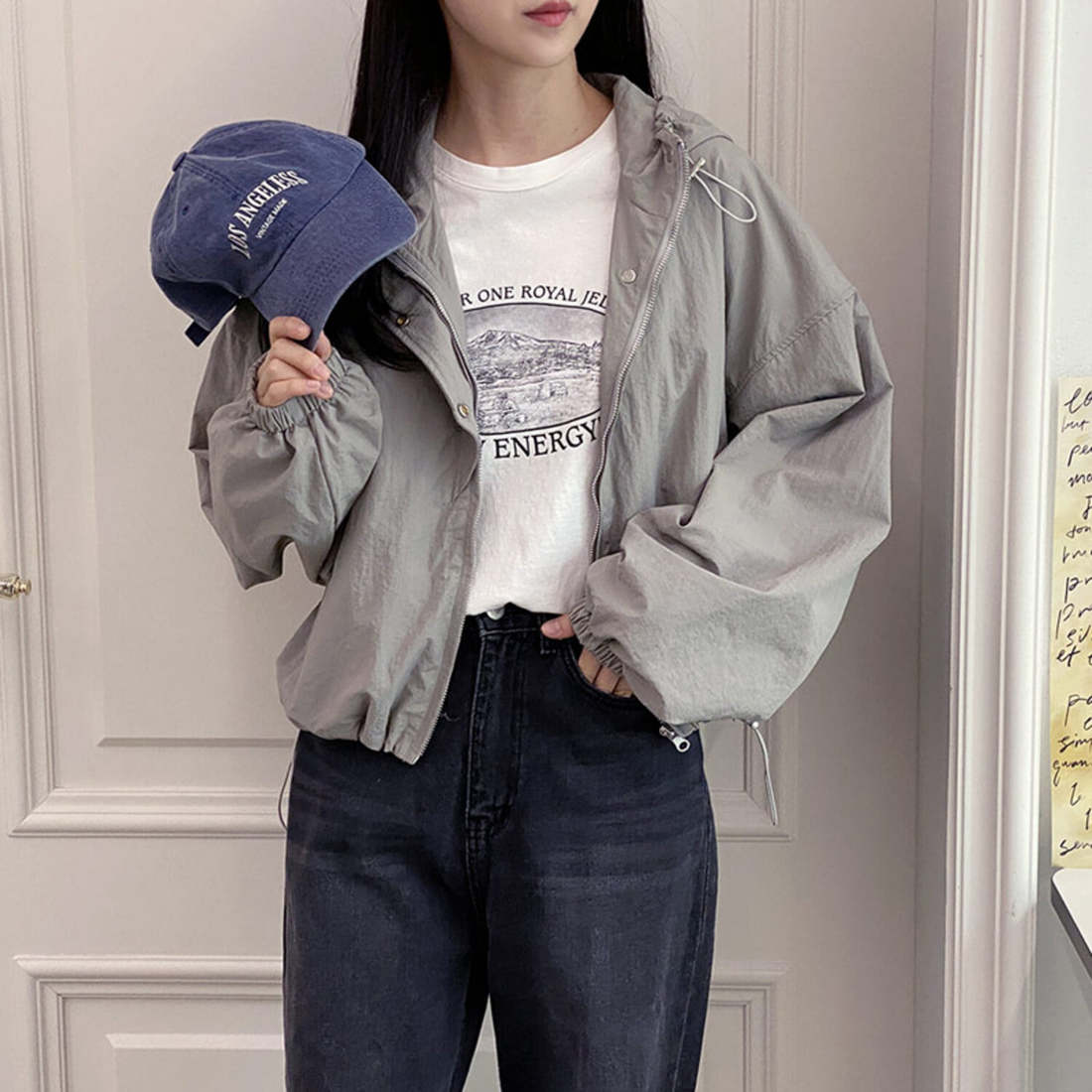 옷자락 여자 여름 밑단 스트링 윈드 크롭 집업 바람막이 자켓