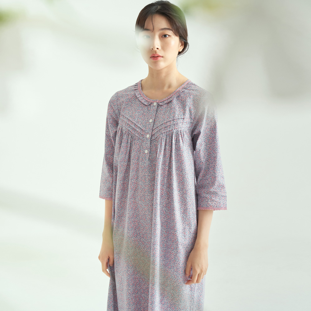 메이플라워 핑크블러썸 순면 여성 7부 홈웨어 원피스 잠옷