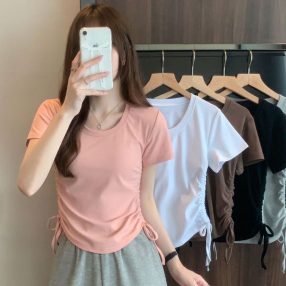 옆 셔링 세미 크롭 여성 반팔 티셔츠 여름 데일리룩