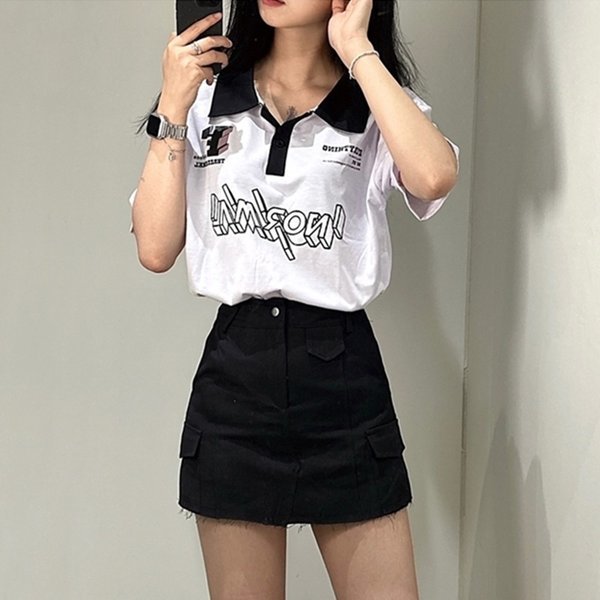 스포티 카라 단추 티 반팔 티셔츠 Y2K 블록코어 여성