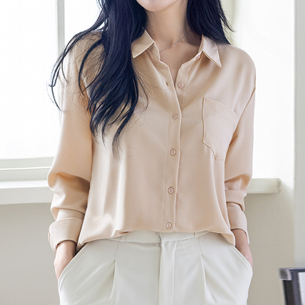 오버나인 오버나인 여성 링클프리 포켓 셔츠 찰랑 블라우스 연베이지 L
