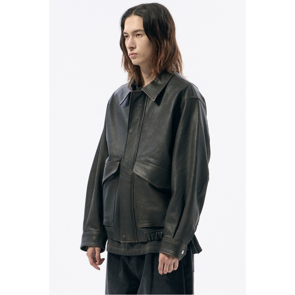 커스텀멜로우 Brown Leather Scratch Effect Jacket CWUDW24711BRX