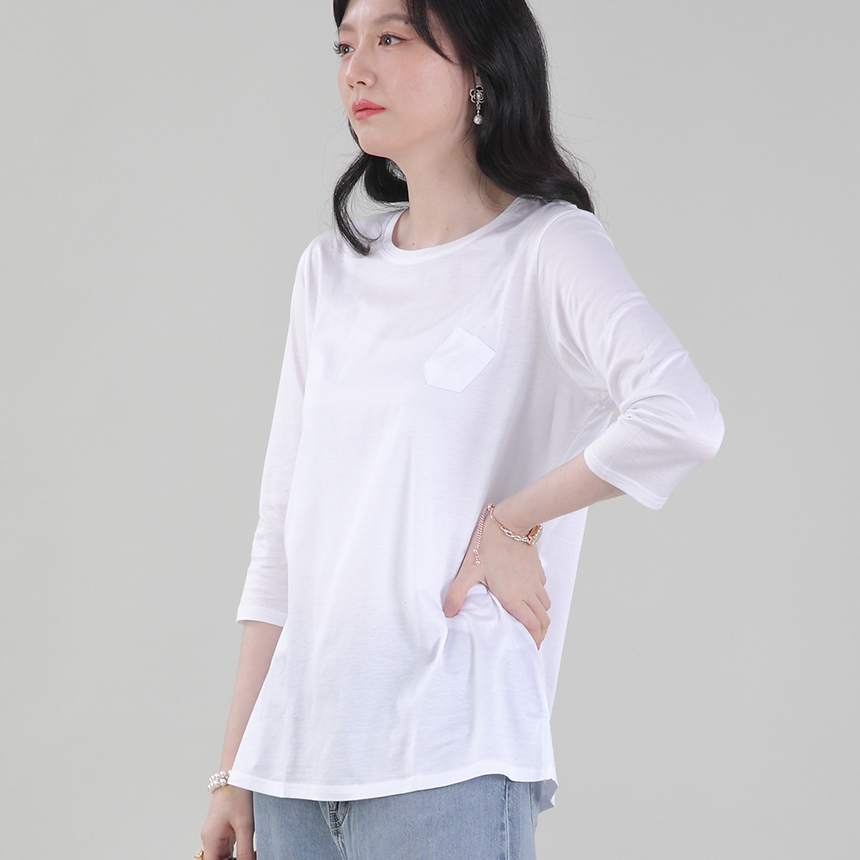 엄마옷 얇은 실켓면 기본 이너 여성 봄 여름 라운드 칠부 포켓 티셔츠 A09433