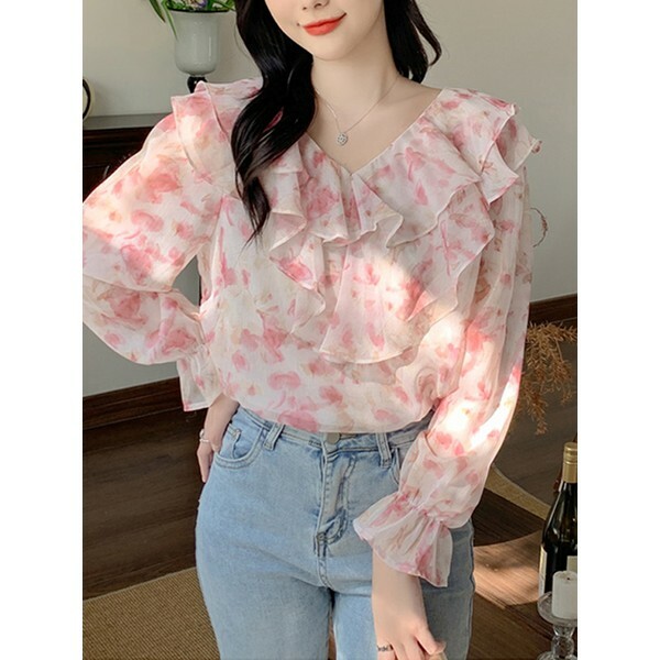 패션이슈 루리 브이넥 플라워 프릴 긴팔블라우스 Iu9304