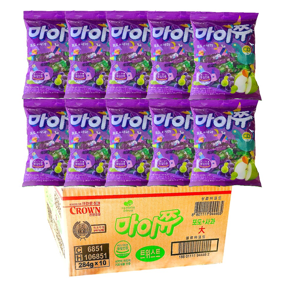 크라운제과 마이쮸 대박과자유통 마이쮸 포도사과 284g x 10봉지 한박스 10개