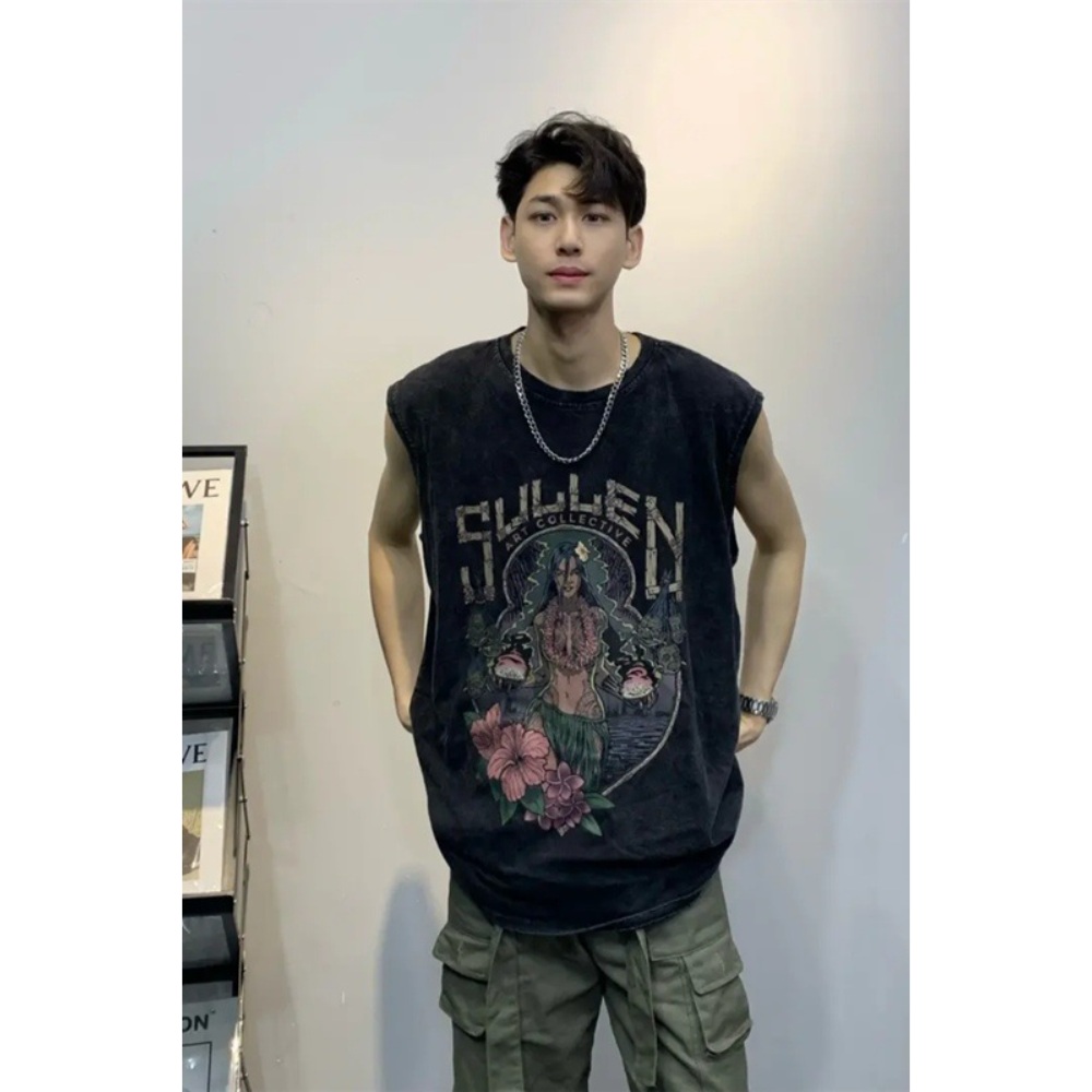남자 나시 오버핏 프린팅 캐주얼 민소매 티셔츠